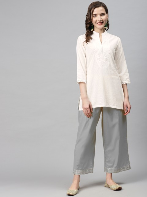 

Biba Women Off-White Woven Design Pure Cotton Straight Kurta