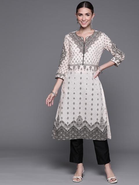 

Biba Women Beige & Black Pure Cotton Ethnic Motifs Printed Mirror Work Kurta