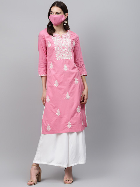 

Biba Women Pink White Embroidered Straight Kurta