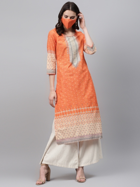 

Biba Women Orange Blue Printed Pure Cotton Straight Kurta