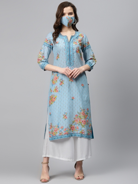 

Biba Women Blue Pink Floral Print Pure Cotton Straight Kurta