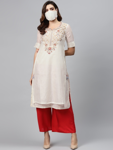 

Biba Women Cream-Coloured Golden Layered Printed Straight Kurta