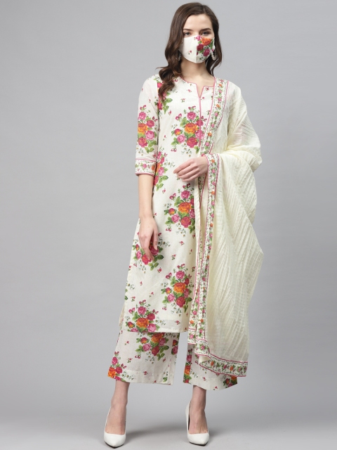 

Biba Women White Pink Pure Cotton Ethnic Printed Kurta Palazzos Dupatta, Off white