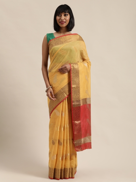 

Saree Swarg Mustard & Gold-Toned Cotton Blend Woven Design Banarasi Saree