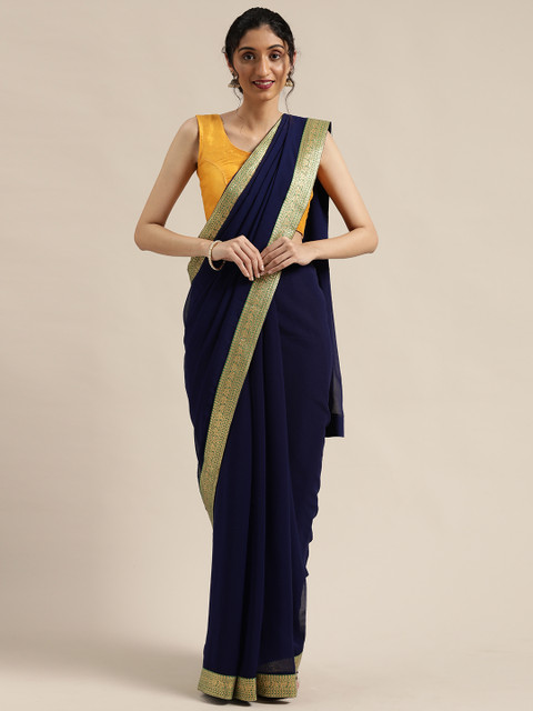 

Saree Swarg Navy Blue Solid Faux Chiffon Saree
