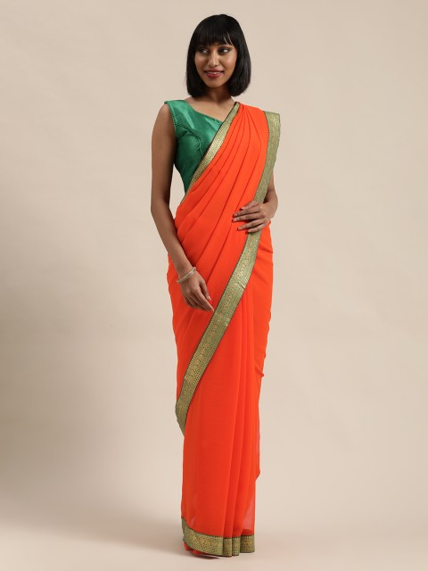 

Saree Swarg Orange & Gold-Toned Poly Chiffon Solid Saree