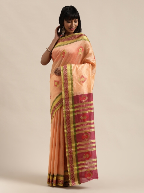 

Saree Swarg Peach-Coloured & BurgundyWoven Design Banarasi Saree