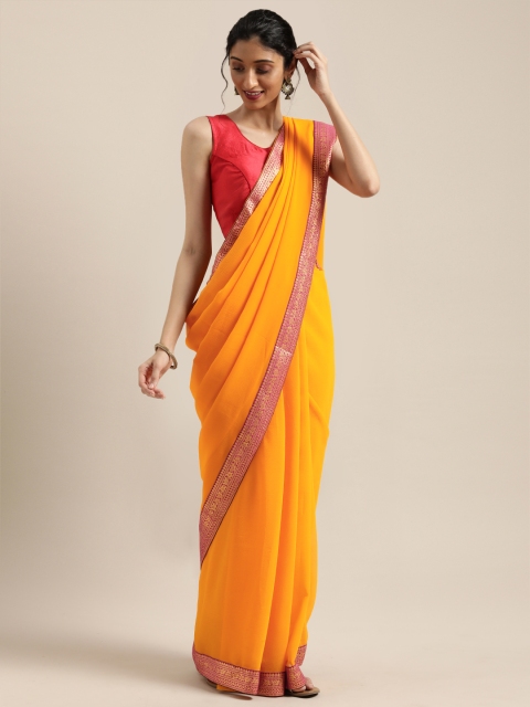 

Saree Swarg Women Yellow Solid Faux Chiffon Saree