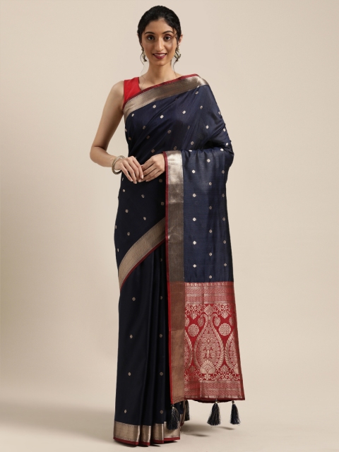 

Saree SwargWomen Navy Blue & Gold-Toned Woven Design Banarasi Saree