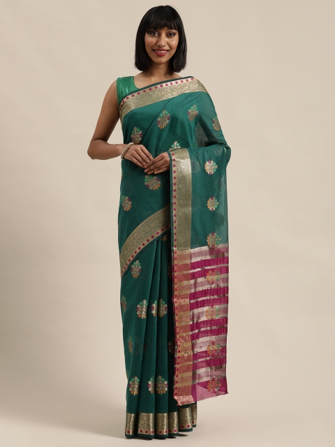 

Saree Swarg Green & Gold-Toned Cotton Blend Woven Design Banarasi Saree