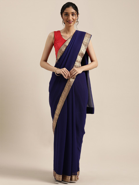 

Saree Swarg Navy Blue Solid Faux Chiffon Saree