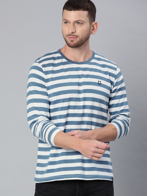 

Urbano Fashion Men White Blue Striped Round Neck Pure Cotton T-shirt