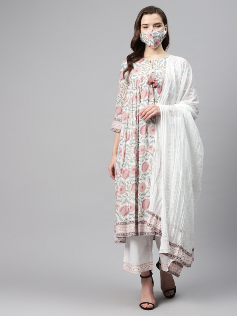 

Biba Women White Pink Pure Cotton Floral Printed Kurta Palazzos Dupatta