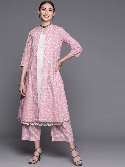 

Biba Women Pink & White Bandhani Printed Angrakha Pure Cotton Kurta with Palazzos