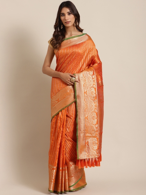 

VASTRANAND Orange & Golden Striped Banarasi Saree