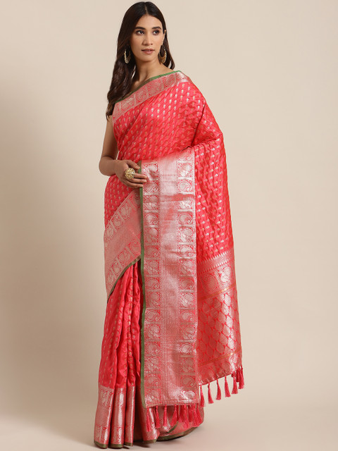 

VASTRANAND Pink & Golden Woven Design Banarasi Saree