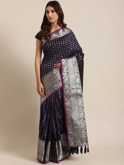 

VASTRANAND Navy Blue & Golden Woven Design Banarasi Saree