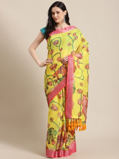 

VASTRANAND Yellow & Pink Kalamkari Print Saree