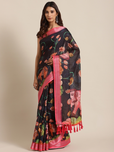 

VASTRANAND Black & Pink Kalamkari Print Saree