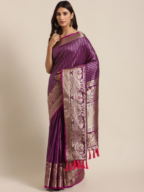 

VASTRANAND Aubergine & Golden Striped Banarasi Saree, Purple