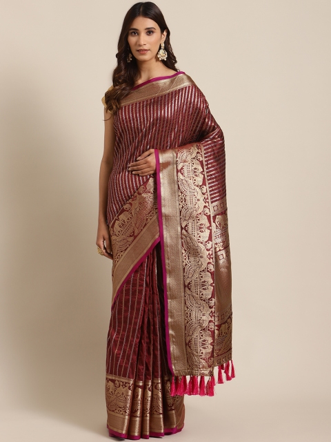 

VASTRANAND Maroon & Golden Striped Banarasi Saree