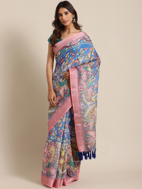 

VASTRANAND Blue & Yellow Kalamkari Print Saree