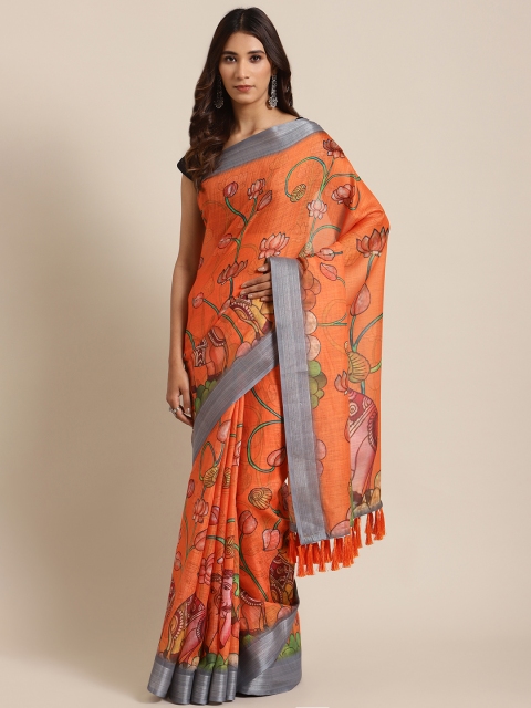 

VASTRANAND Orange & Green Kalamkari Printed Saree