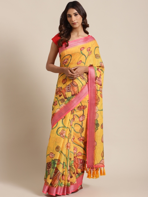 

VASTRANAND Yellow & Green Kalamkari Printed Saree