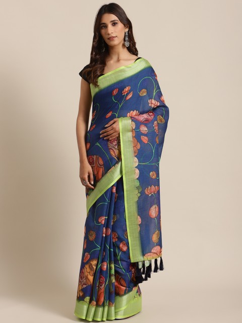 

VASTRANAND Blue & Peach-Coloured Kalamkari Printed Saree