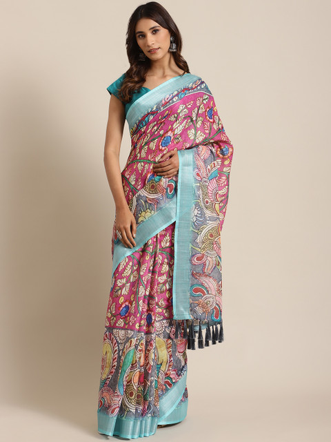 

VASTRANAND Pink & Grey Kalamkari Printed Saree