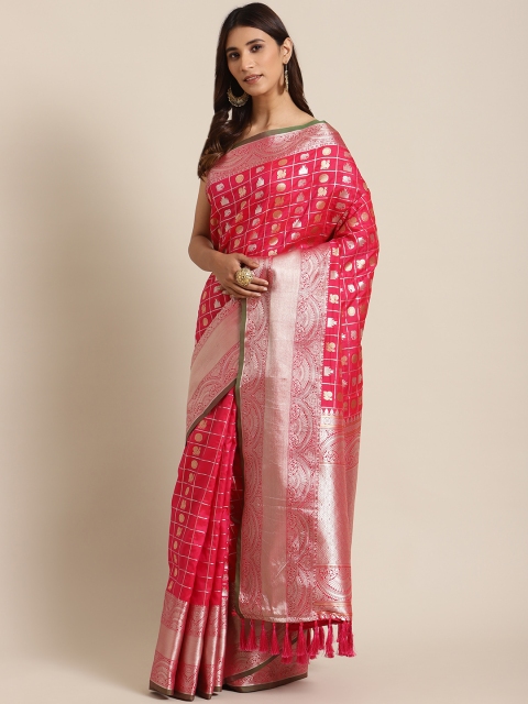 

VASTRANAND Pink & Golden Woven Design Zari Celebrity Banarasi Saree