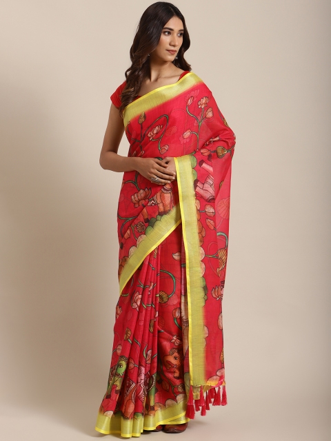 

VASTRANAND Pink & Yellow Kalamkari Printed Celebrity Saree