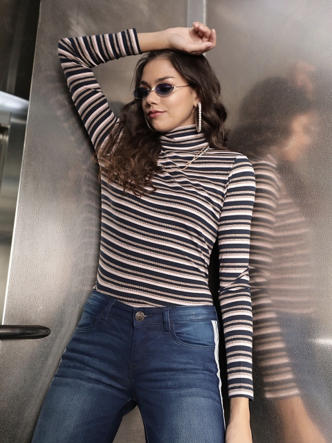

Marks & Spencer Women Navy Blue & Beige Striped Turtle Neck T-shirt
