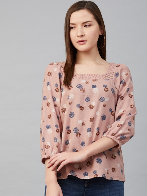 

Marks & Spencer Women Mauve & Blue Pure Cotton Floral Printed Top