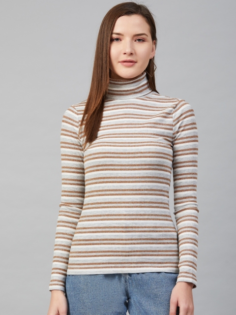 

Marks & Spencer Women Grey Melange & Beige Striped Turtle Neck T-shirt