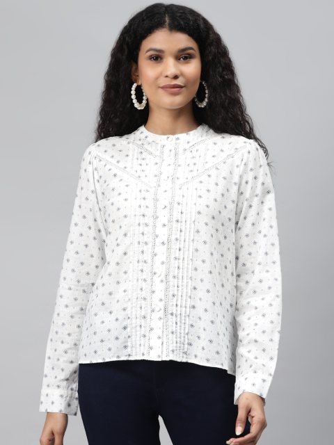 

Marks & Spencer Women Off-White & Blue Pure Cotton Floral Print Shirt Style Top