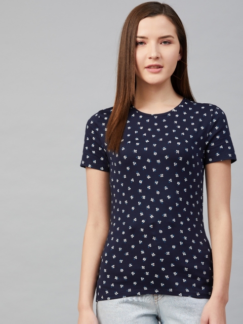 

Marks & Spencer Women Navy Blue & White Floral Printed Round Neck T-shirt