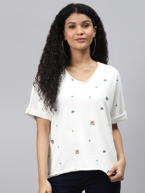

Marks & Spencer Women White & Green Pure Cotton Embroidered Top