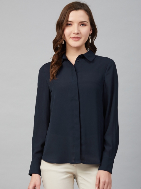 

Marks & Spencer Women Navy Blue Regular Fit Solid Semi Sheer Casual Shirt