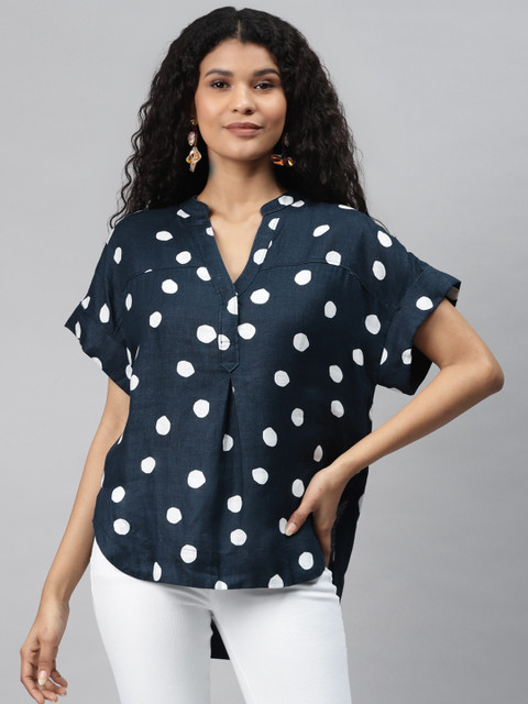 

Marks & Spencer Women Navy Blue & White Linen Polka Dots Print High-Low Top