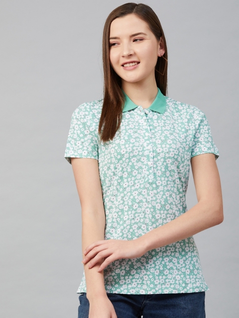 

Marks & Spencer Women Sea Green & White Pure Cotton Floral Printed Polo Collar T-shirt