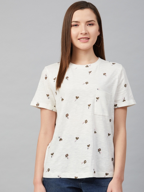 

Marks & Spencer Women Off-White & Olive Brown Floral Printed Pure Cotton T-shirt