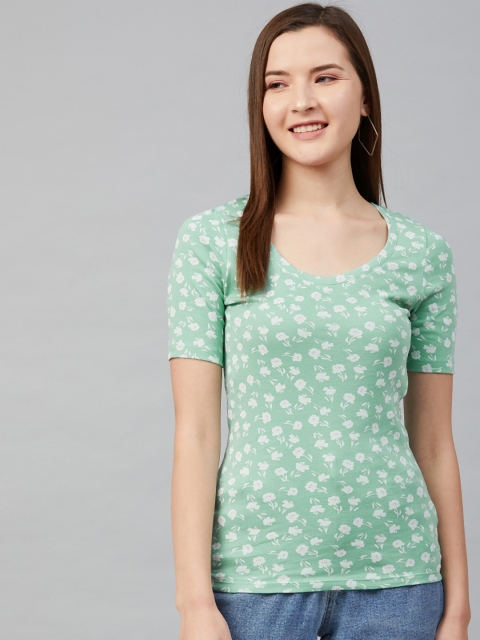 

Marks & Spencer Women Sea Green & White Pure Cotton Floral Printed Top