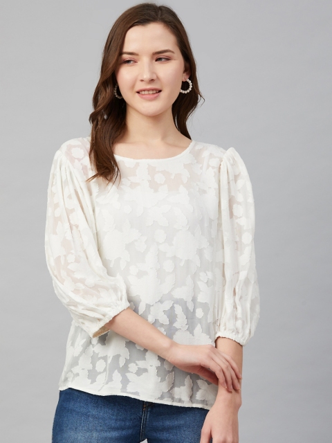 

Marks & Spencer Women White Semi-Sheer Self Design Puff Sleeves Top