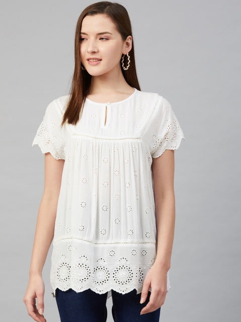 

Marks & Spencer Women White Schiffli Embroidered Longline Top