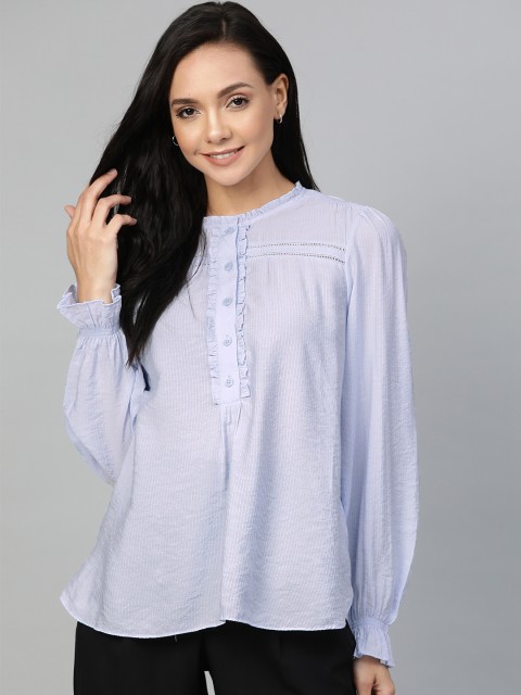 

Marks & Spencer Women Blue Striped Top With Ruffles