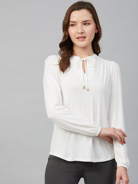 

Marks & Spencer Women White Sustainable Viscose Solid Top With Tie-Up Neck
