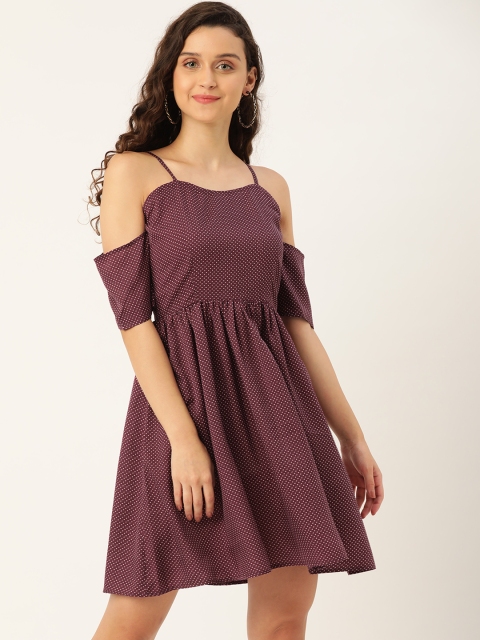 

DODO & MOA Women Burgundy & Pink Polka Dots Print Fit and Flare Dress