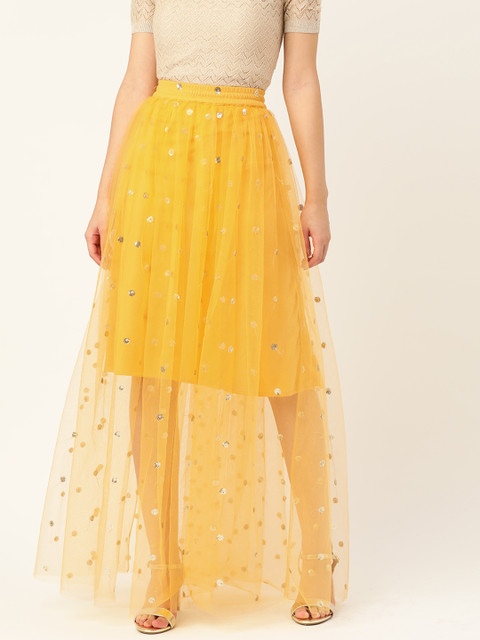 

DODO & MOA Women Yellow Embellished Net Maxi Skirt, Mustard