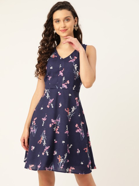

DODO & MOA Women Navy Blue & White Floral Print A-Line Dress
